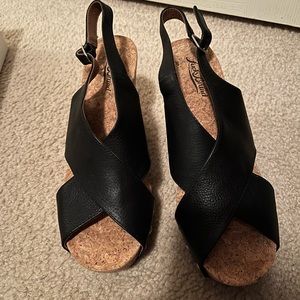 Like new, excellent condition, black leather sling back cork wedge sandal. Sz 8